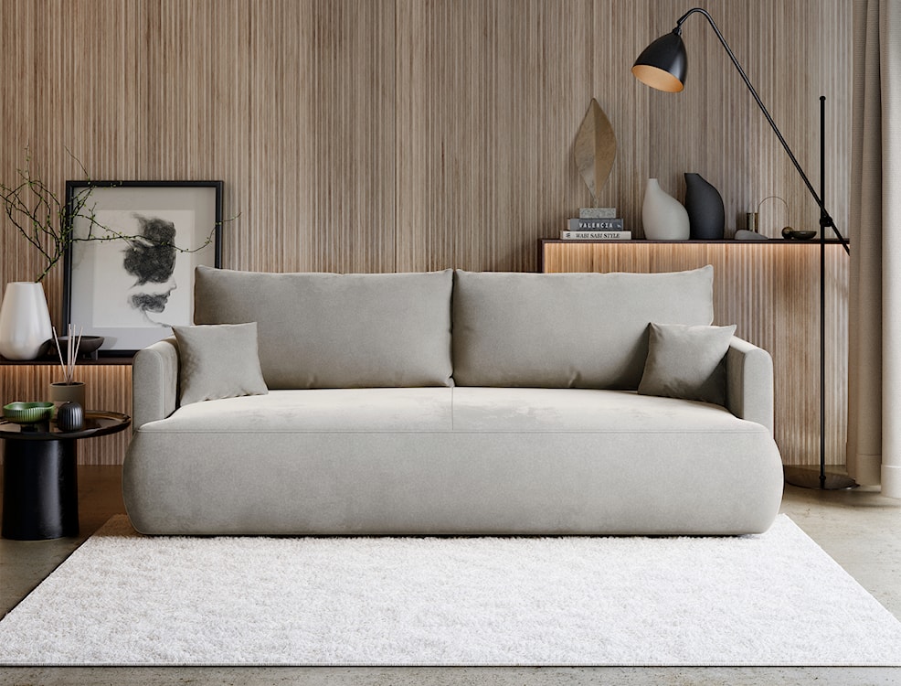 Kanapa rozkładana trzyosobowa Ovo mini z pojemnikiem szara welur łatwoczyszczący  - zdjęcie 2