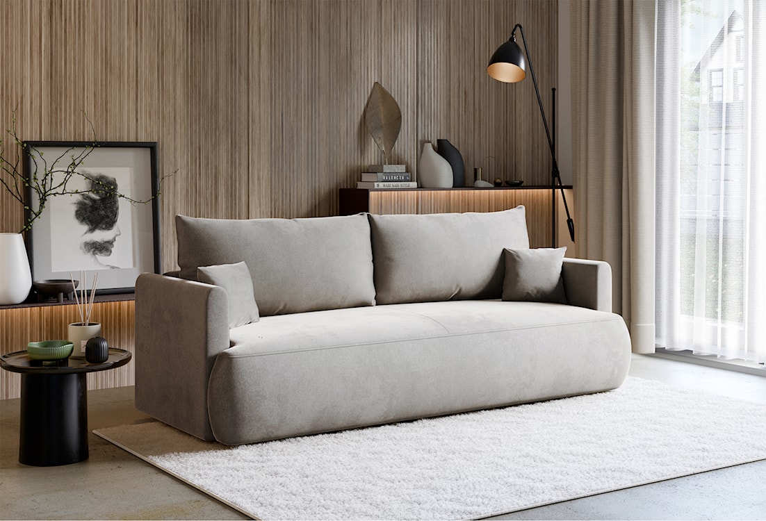 Kanapa rozkładana trzyosobowa Ovo mini z pojemnikiem szara welur łatwoczyszczący  - zdjęcie 3