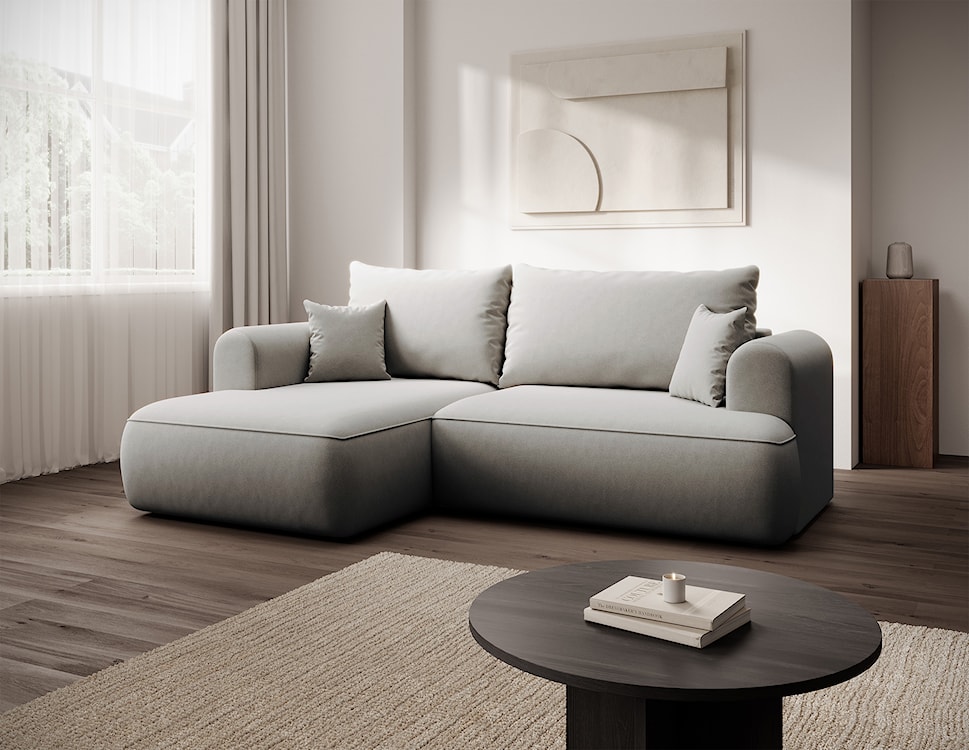 Narożnik z funkcją spania Ovo mini L-kształtny lewostronny z pojemnikiem szary welur łatwoczyszczący  - zdjęcie 2