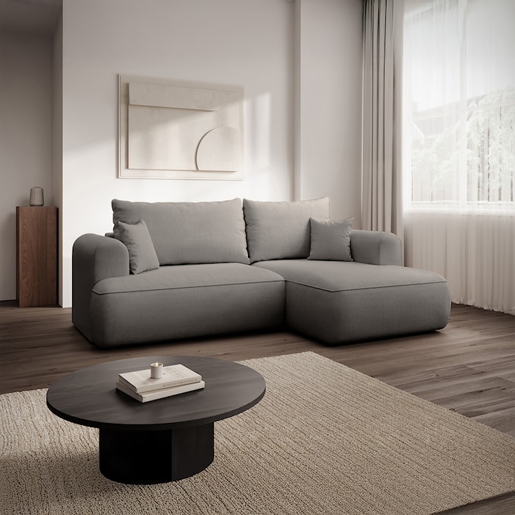 Narożnik z funkcją spania Ovo mini L-kształtny prawostronny z pojemnikiem szarobeżowy szenil łatwoczyszczący  - zdjęcie 2