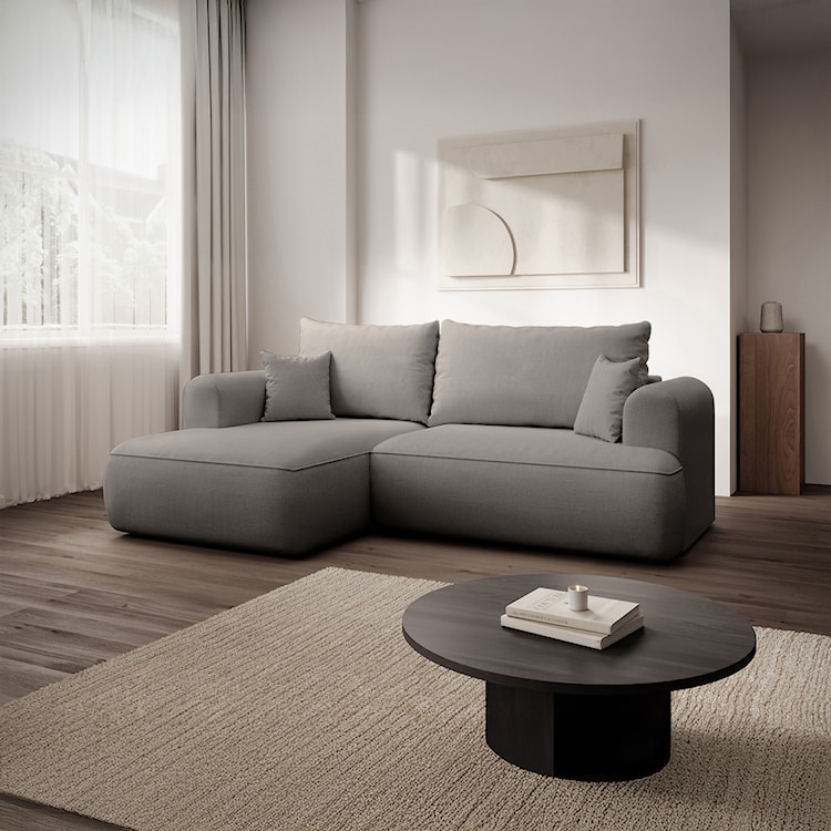 Narożnik z funkcją spania Ovo mini L-kształtny lewostronny z pojemnikiem szarobeżowy szenil łatwoczyszczący  - zdjęcie 2