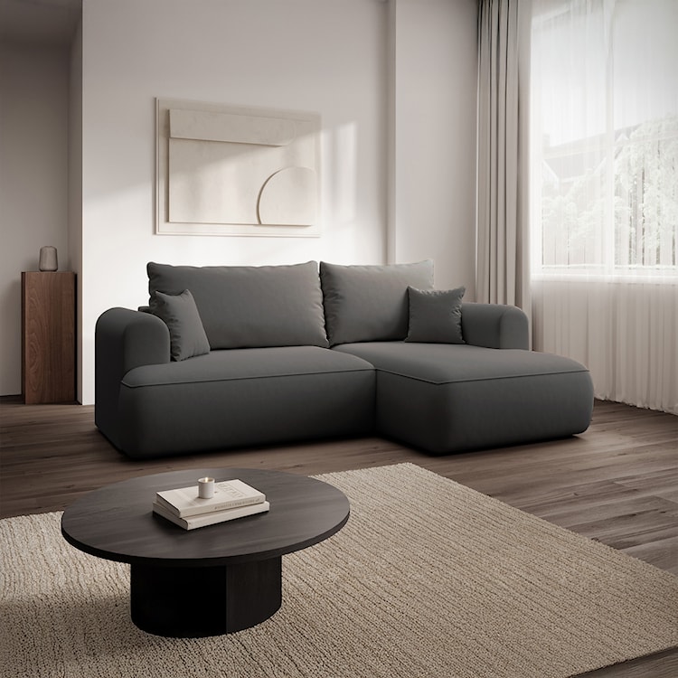 Narożnik z funkcją spania Ovo mini L-kształtny prawostronny z pojemnikiem ciemnoszary welur łatwoczyszczący  - zdjęcie 2