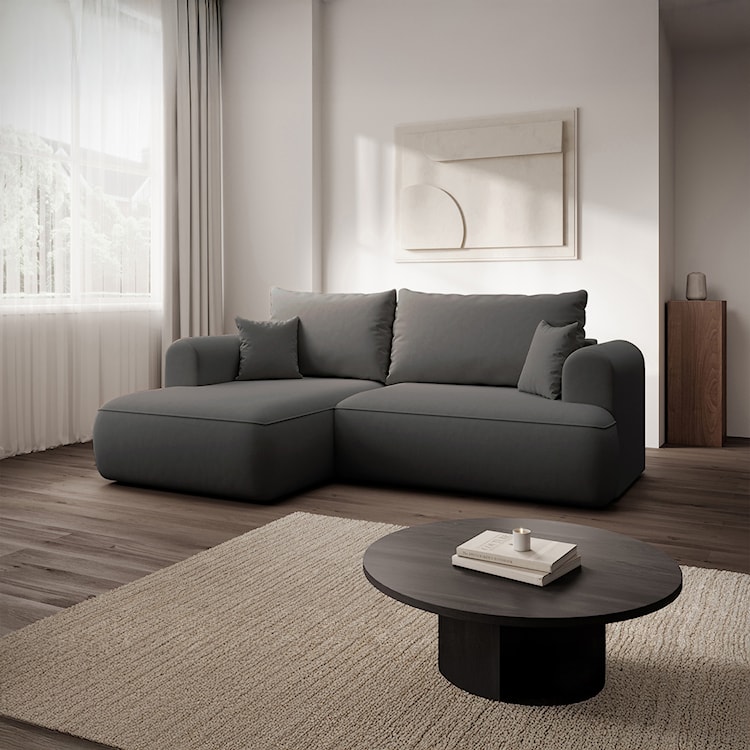 Narożnik z funkcją spania Ovo mini L-kształtny lewostronny z pojemnikiem ciemnoszary welur łatwoczyszczący  - zdjęcie 2