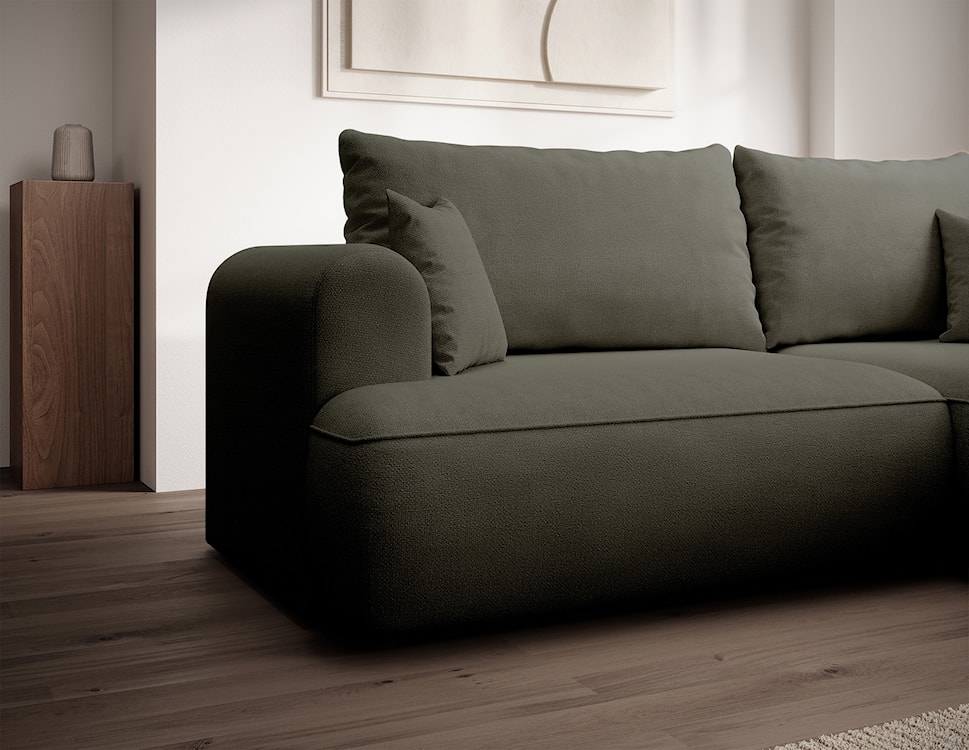 Narożnik z funkcją spania Ovo mini L-kształtny prawostronny oliwkowy szenil łatwoczyszczący  - zdjęcie 5