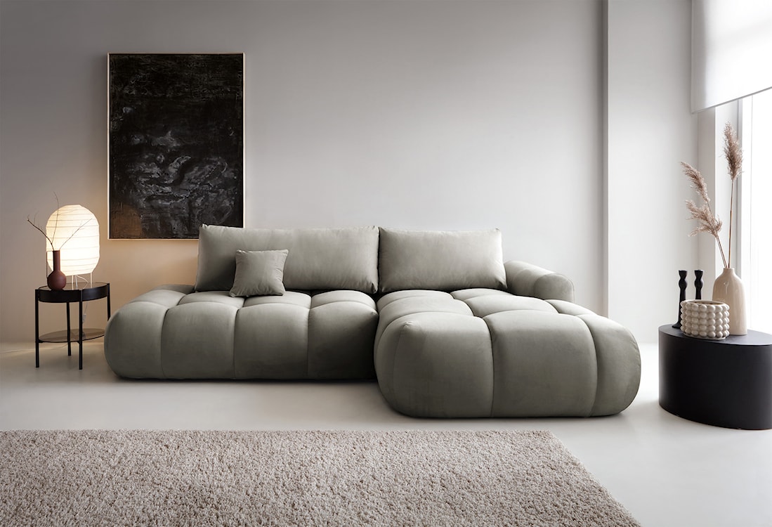 Narożnik z funkcją spania Ombo L-kształtny z pojemnikiem szarobrązowy welur hydrofobowy prawostronny  - zdjęcie 2