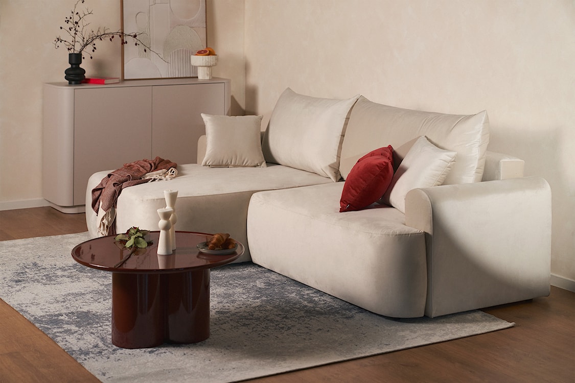 Narożnik z funkcją spania Ovo L-kształtny lewostronny z pojemnikiem beżowy welur łatwoczyszczący  - zdjęcie 8