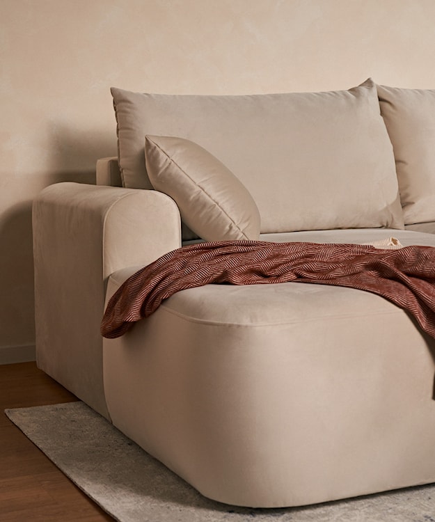 Narożnik z funkcją spania Ovo L-kształtny lewostronny z pojemnikiem beżowy welur łatwoczyszczący  - zdjęcie 6