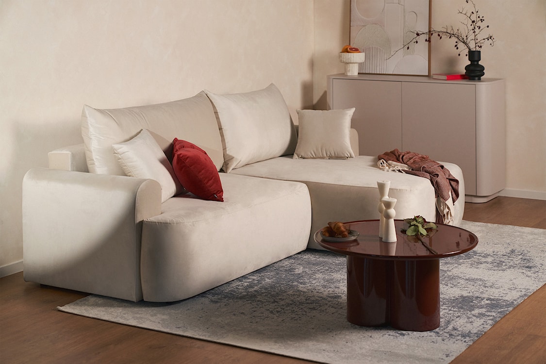 Narożnik z funkcją spania Ovo L-kształtny prawostronny z pojemnikiem beżowy welur łatwoczyszczący  - zdjęcie 9