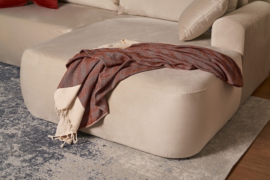 Narożnik z funkcją spania Ovo L-kształtny prawostronny z pojemnikiem beżowy welur łatwoczyszczący  - zdjęcie 13