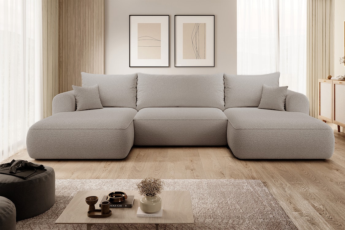 Narożnik z funkcją spania Ovo U-kształtny z pojemnikiem ciemnobeżowy boucle uniwersalny  - zdjęcie 2