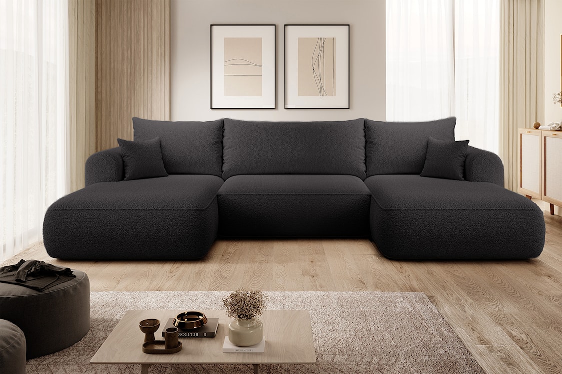 Narożnik z funkcją spania Ovo U-kształtny z pojemnikiem ciemnoszary boucle uniwersalny  - zdjęcie 2