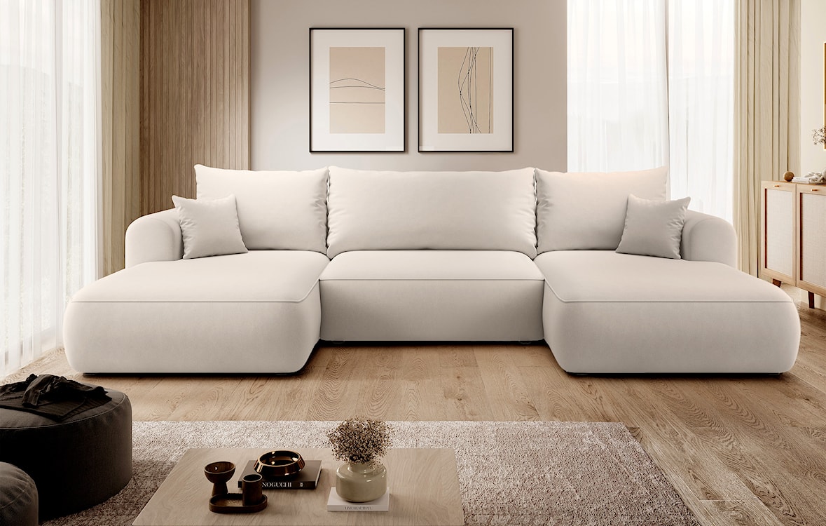 Narożnik z funkcją spania Ovo U-kształtny z pojemnikiem jasnobeżowy welur łatwoczyszczący uniwersalny  - zdjęcie 2