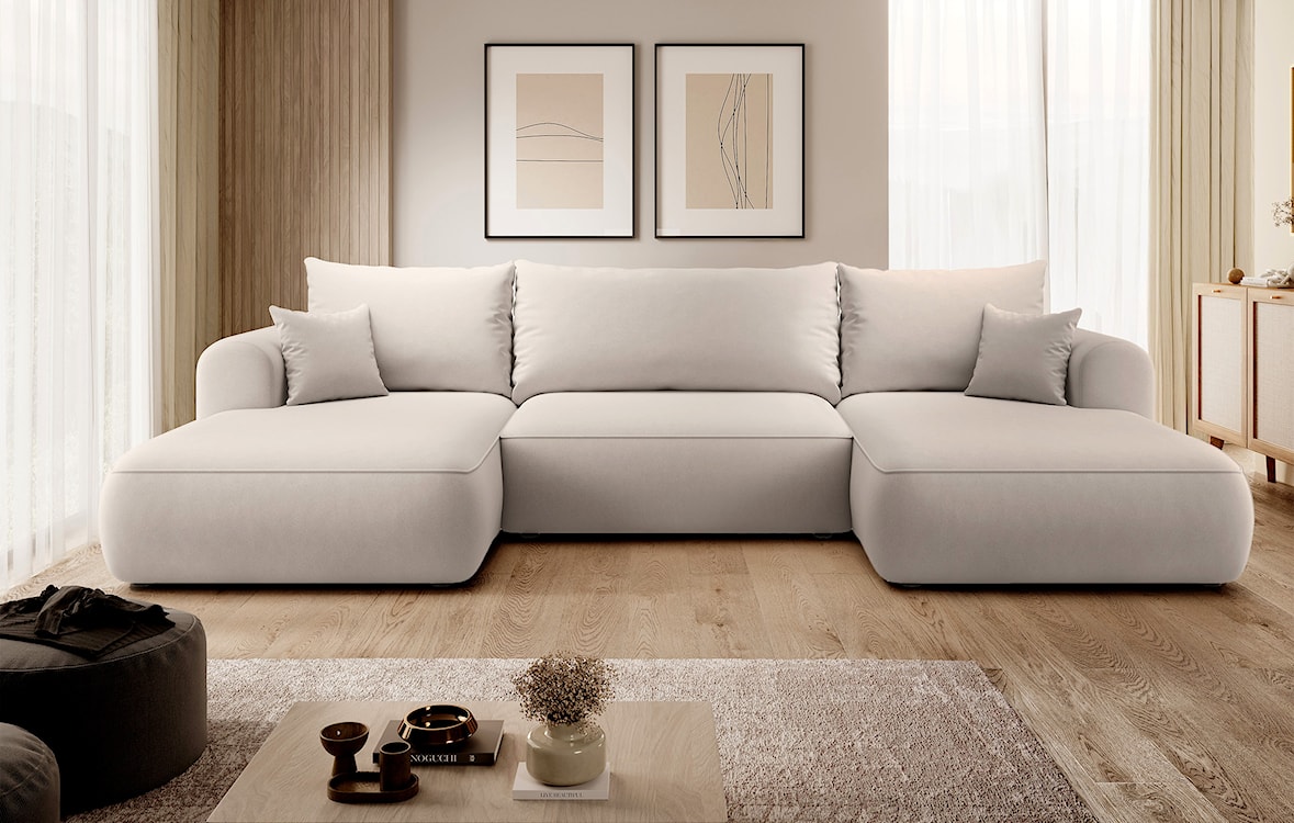 Narożnik z funkcją spania Ovo U-kształtny z pojemnikiem kremowy welur łatwoczyszczący uniwersalny  - zdjęcie 2