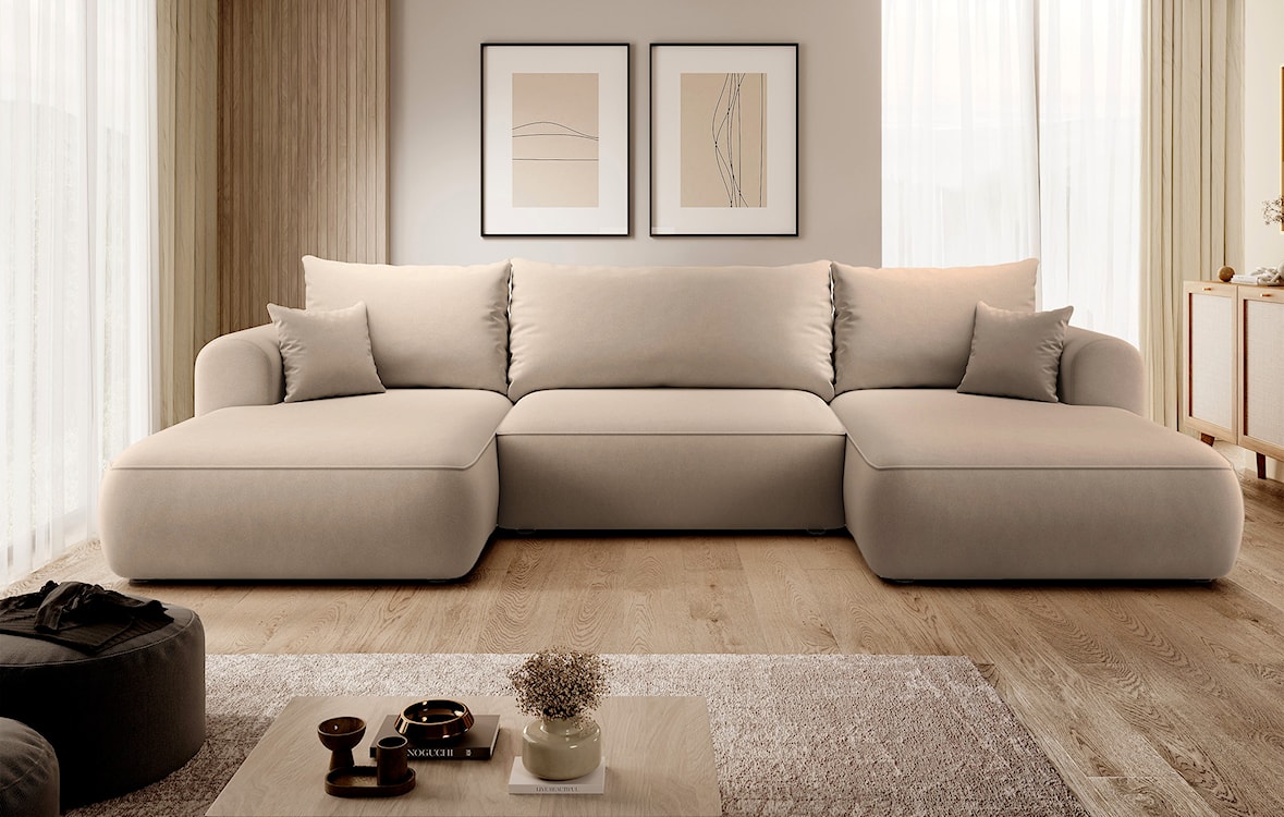 Narożnik z funkcją spania Ovo U-kształtny z pojemnikiem beżowy welur łatwoczyszczący uniwersalny  - zdjęcie 2