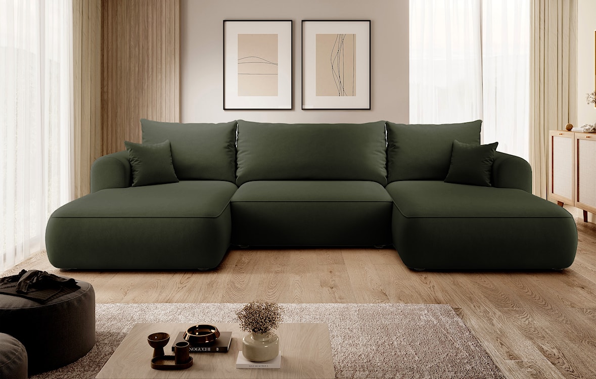 Narożnik z funkcją spania Ovo U-kształtny z pojemnikiem oliwkowy welur łatwoczyszczący uniwersalny  - zdjęcie 2