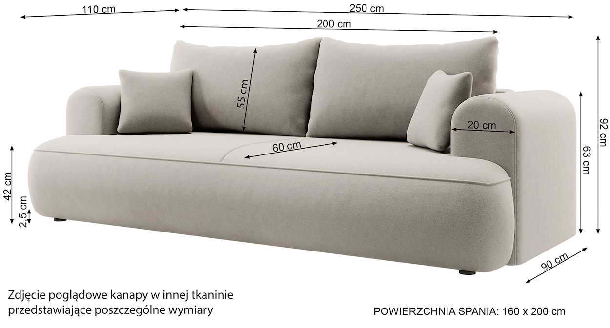 Kanapa rozkładana trzyosobowa Ovo z pojemnikiem beżowa welur w tkaninie łatwoczyszczącej  - zdjęcie 7