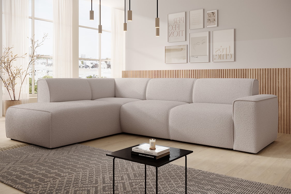 Narożnik Bouvi L-kształtny z boczkiem lewostronny jasnobeżowy boucle  - zdjęcie 3