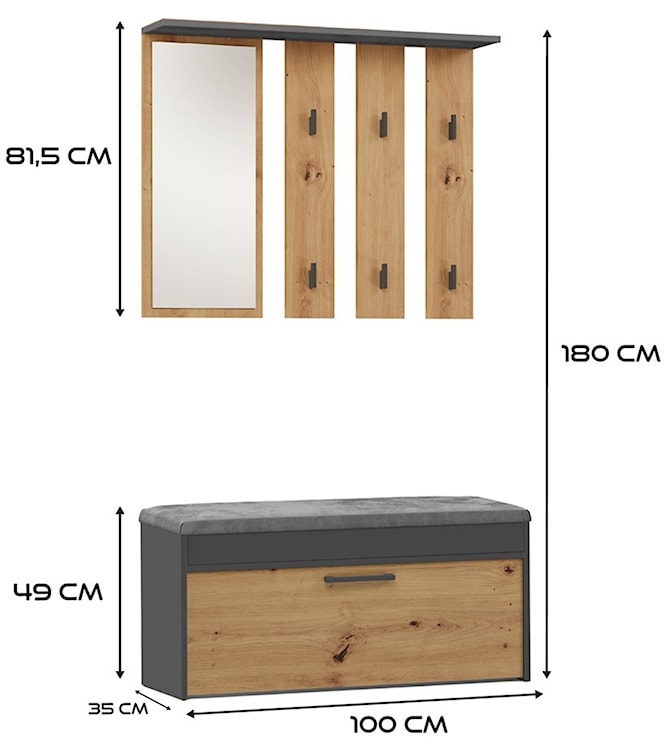 Zestaw do przedpokoju Parmani z siedziskiem i lustrem 100 cm dąb artisan / antracyt  - zdjęcie 5