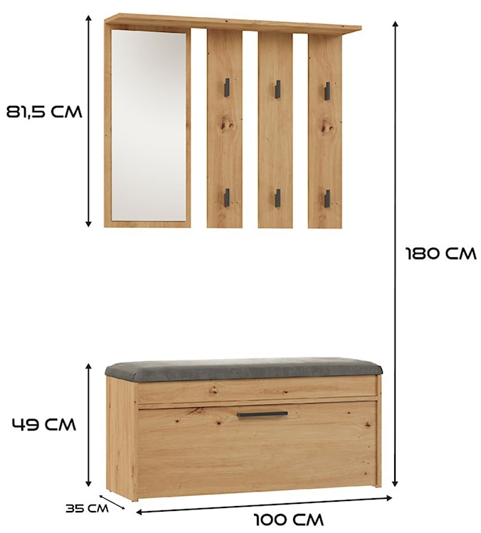 Zestaw do przedpokoju Parmani z siedziskiem i lustrem 100 cm dąb artisan  - zdjęcie 5