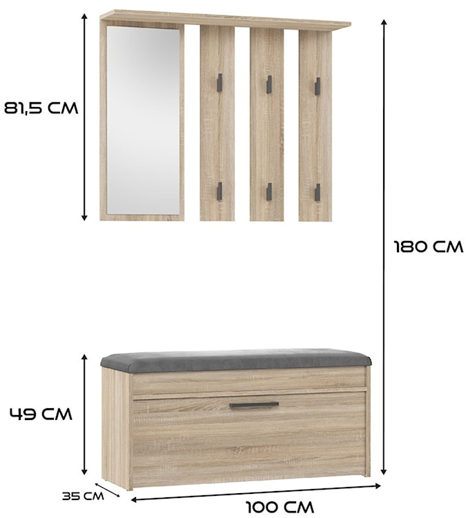 Zestaw do przedpokoju Parmani z siedziskiem i lustrem 100 cm dąb sonoma  - zdjęcie 5