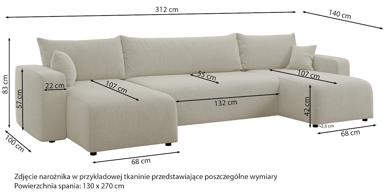 Narożnik z funkcją spania Pianoni U-kształtny uniwersalny z pojemnikiem jasnobeżowy sztruks  - zdjęcie 6