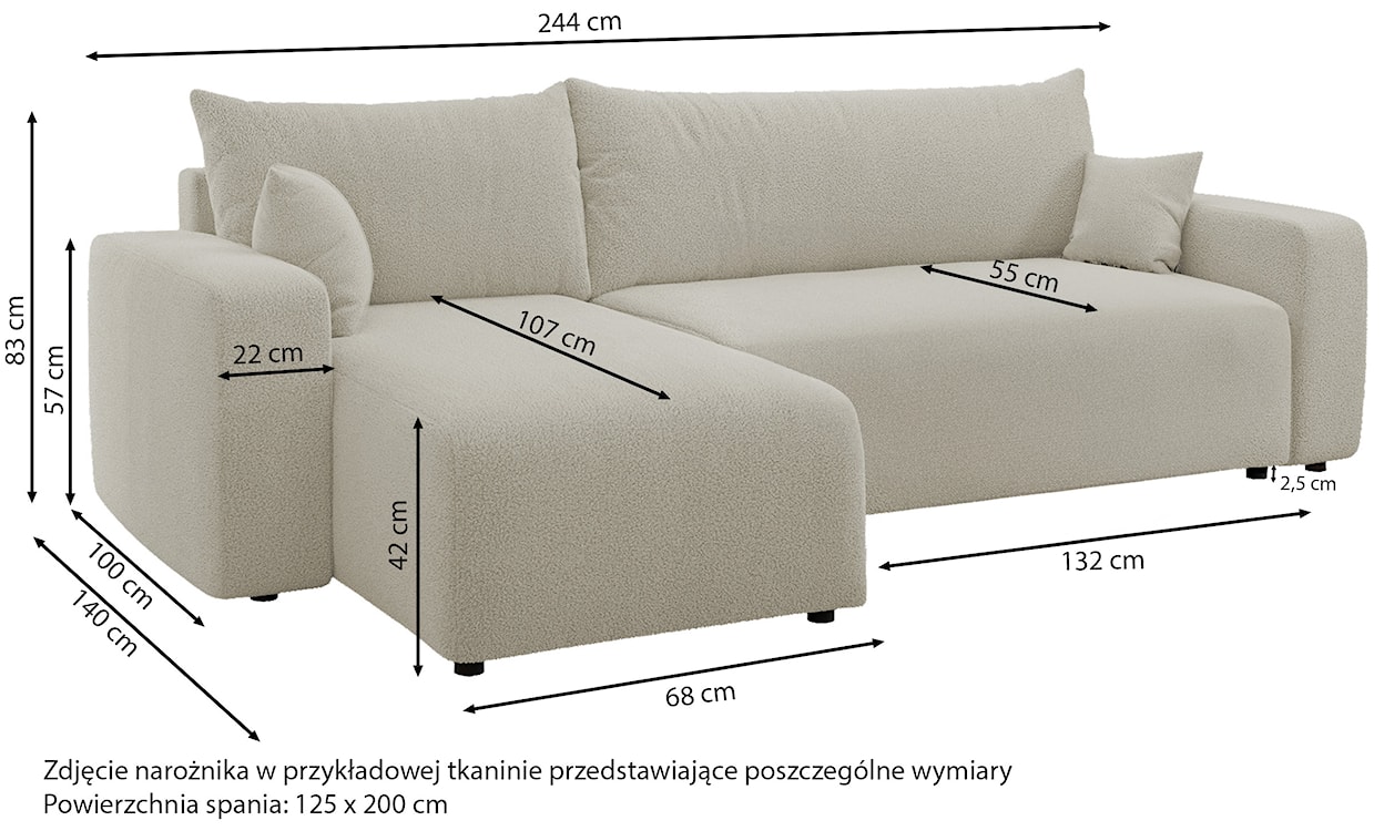 Narożnik z funkcją spania Pianoni L-kształtny uniwersalny z pojemnikiem jasnobeżowy sztruks  - zdjęcie 2