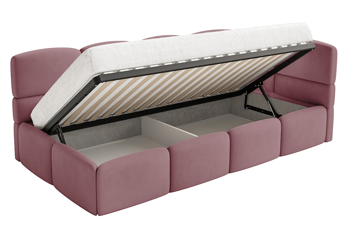 Łóżko młodzieżowe 90x200 cm Cloudy prawostronne z pojemnikiem i barierkami różowe welur hydrofobowy łatwoczyszczący  - zdjęcie 9