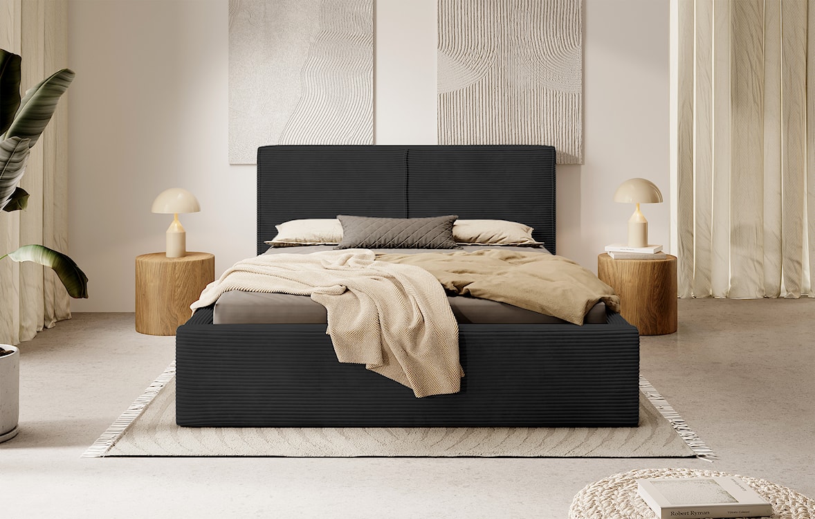 Łóżko tapicerowane 160/200 cm Farese czarne z pojemnikiem, stelażem metalowym i siłownikiem gazowym sztruks  - zdjęcie 2