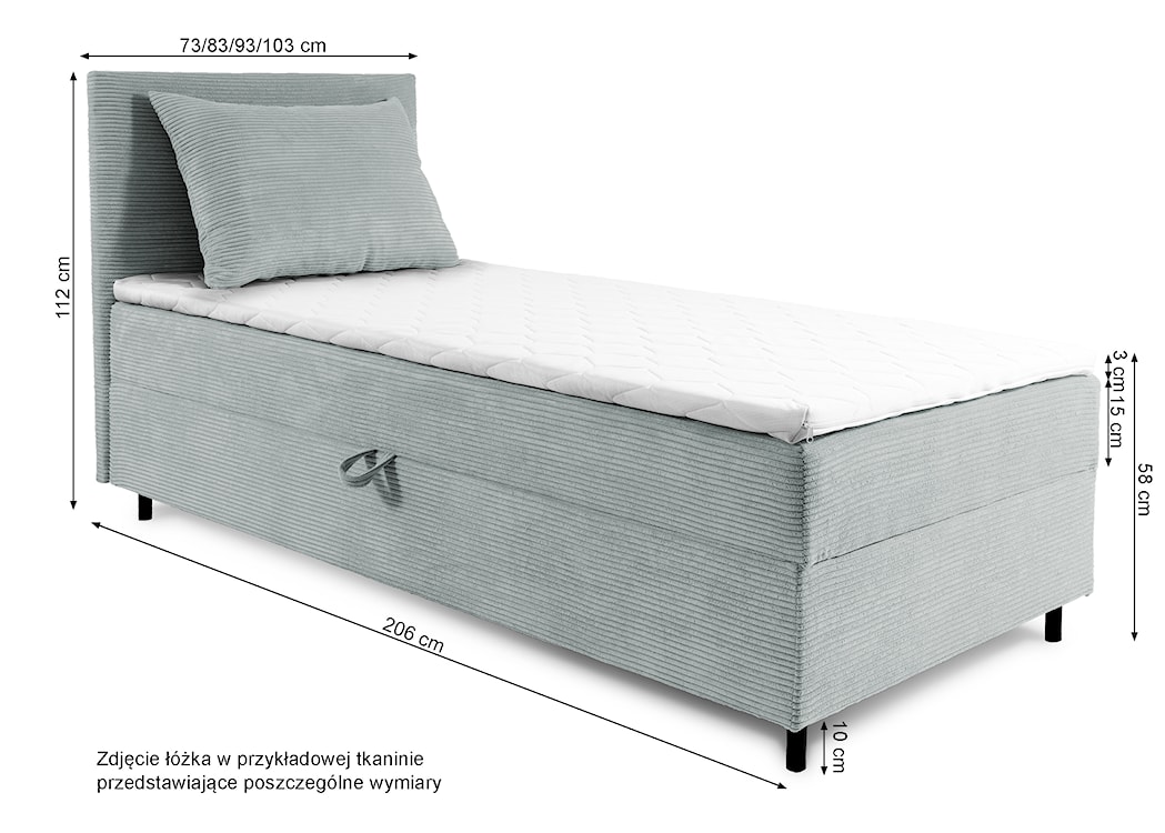 Łóżko kontynentalne jednosobowe Montigo Mini 100x200 cm z pojemnikiem, topperem i poduszką miedziane sztruks nogi czarne prawostronne  - zdjęcie 5