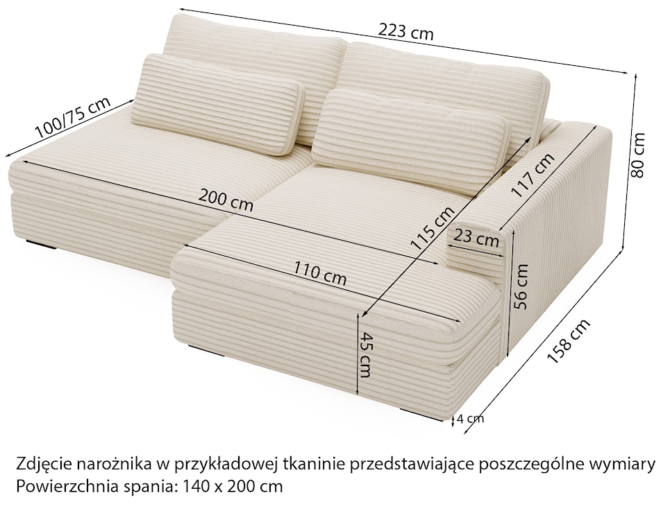 Narożnik z funkcją spania Lemmu L-kształtny jasnobeżowy gruby sztruks prawostronny  - zdjęcie 7