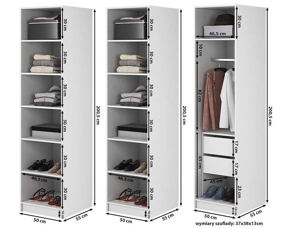 Szafa trzydrzwiowa Frame z drążkiem, półkami i kontenerkiem 150 cm Szary beż   - zdjęcie 7