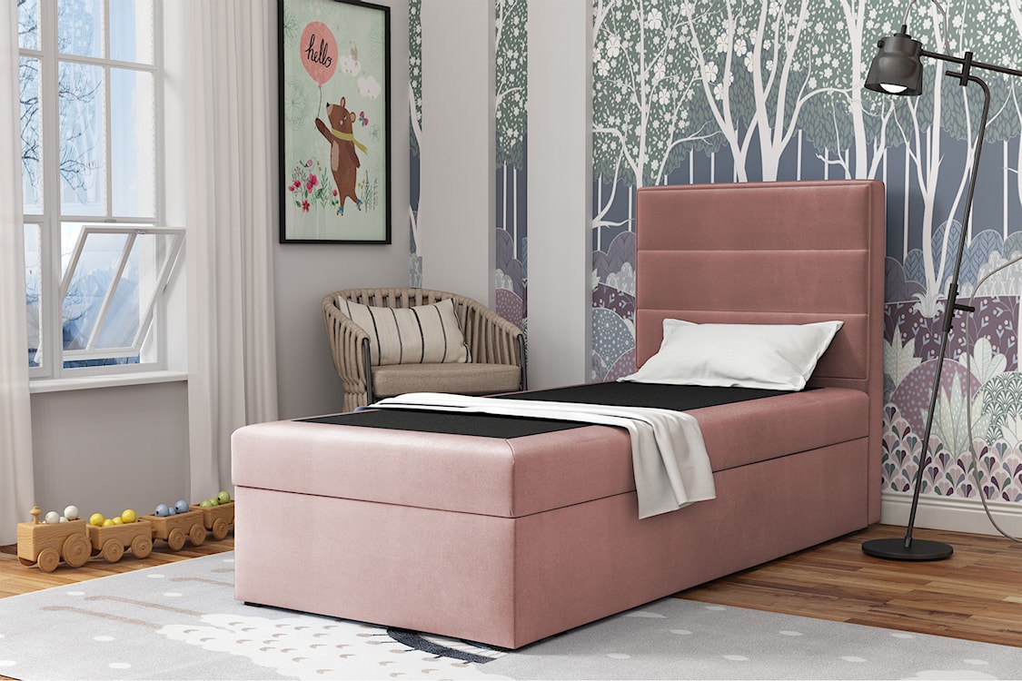 Łóżko kontynentalne 90x200 cm Valdamone z pojemnikiem różowe welur hydrofobowy prawostronne  - zdjęcie 2