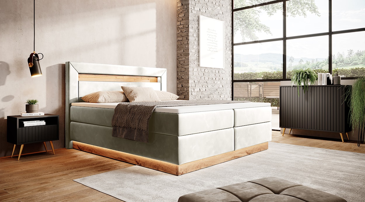 Łóżko kontynentalne Promie 160x200 cm z topperem kremowy welur  - zdjęcie 2