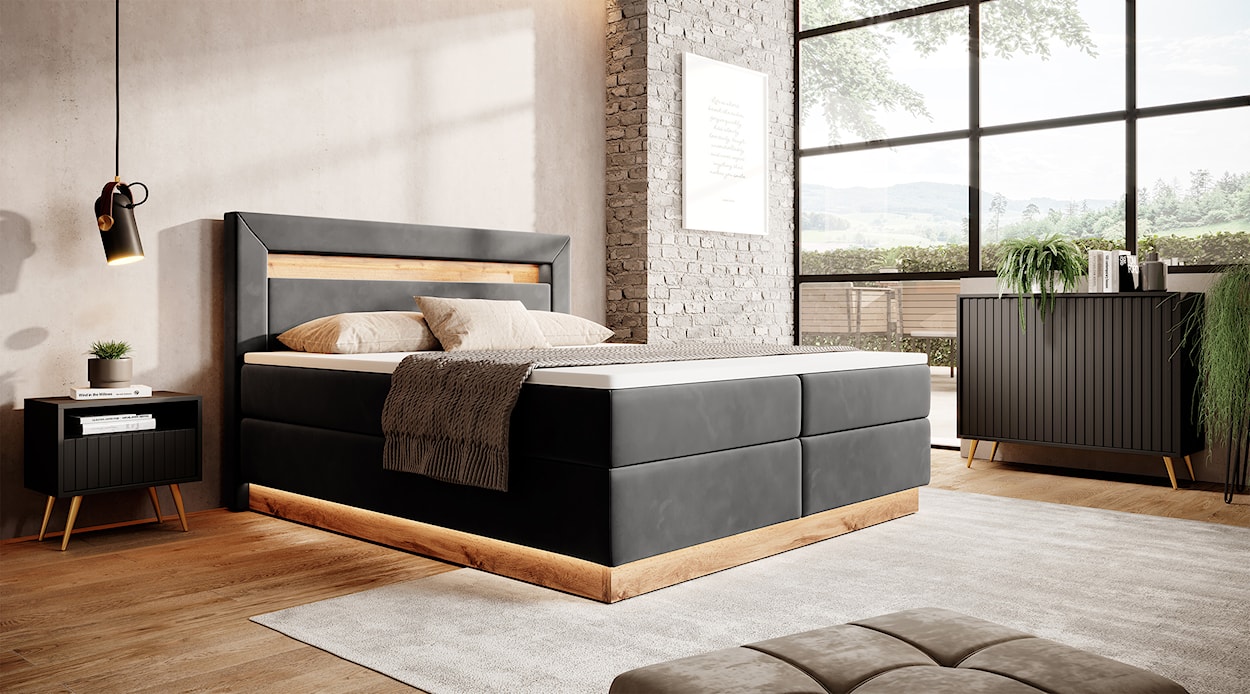 Łóżko kontynentalne Promie 180x200 cm z topperem grafitowy welur  - zdjęcie 2