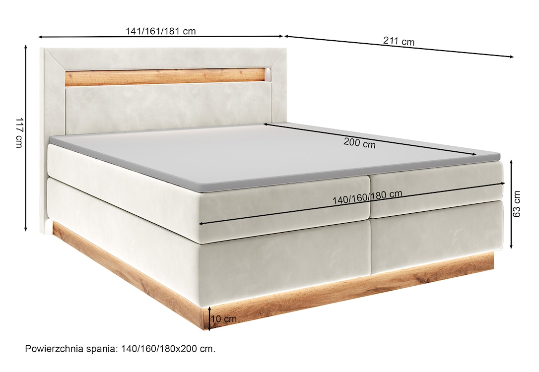 Łóżko kontynentalne Promie 160x200 cm z topperem kremowy welur  - zdjęcie 4