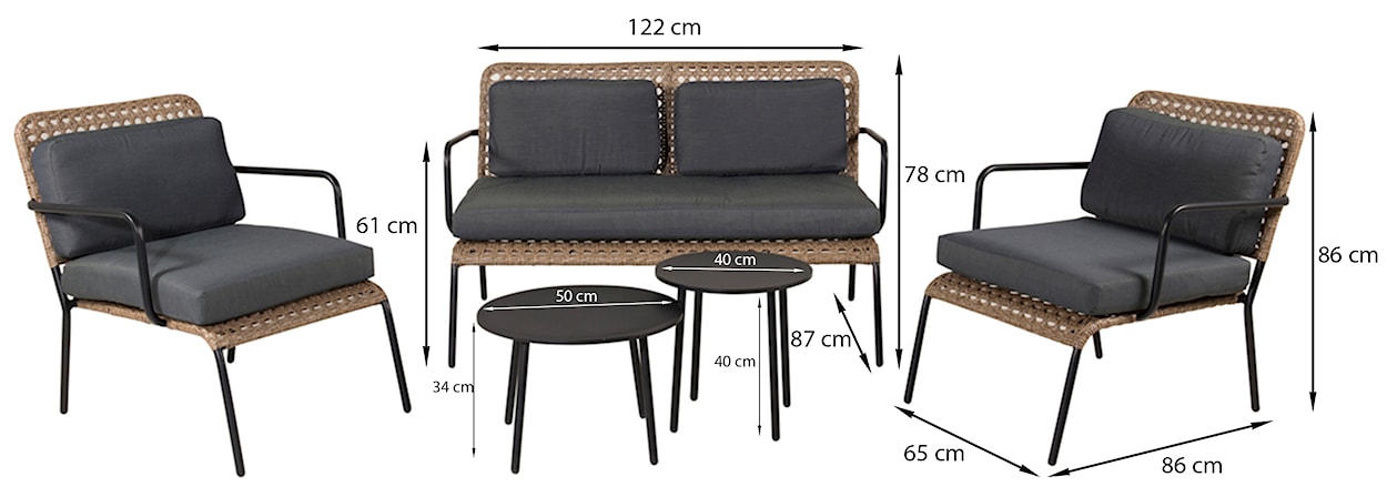 Zestaw ogrodowy Pulary z sofą, dwoma fotelami i stolikami rattan czarny/naturalny  - zdjęcie 10