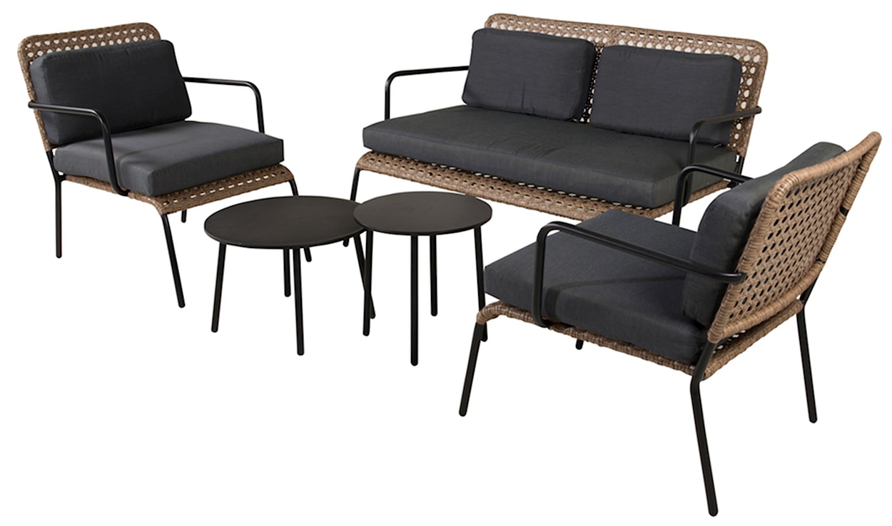 Zestaw ogrodowy Pulary z sofą, dwoma fotelami i stolikami rattan czarny/naturalny  - zdjęcie 6