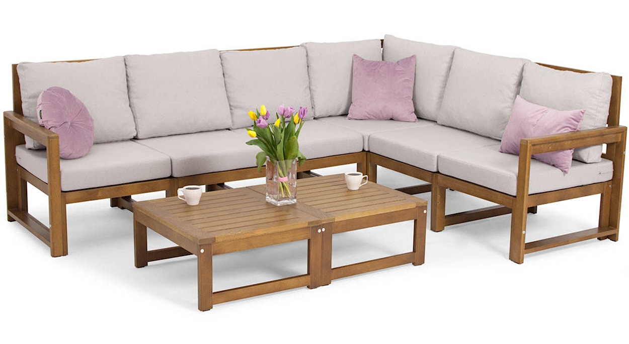 Zestaw mebli ogrodowych Ritalous sześcioosobowy z narożnikiem i stolikami kawowymi drewniany brązowy/jasnoszary