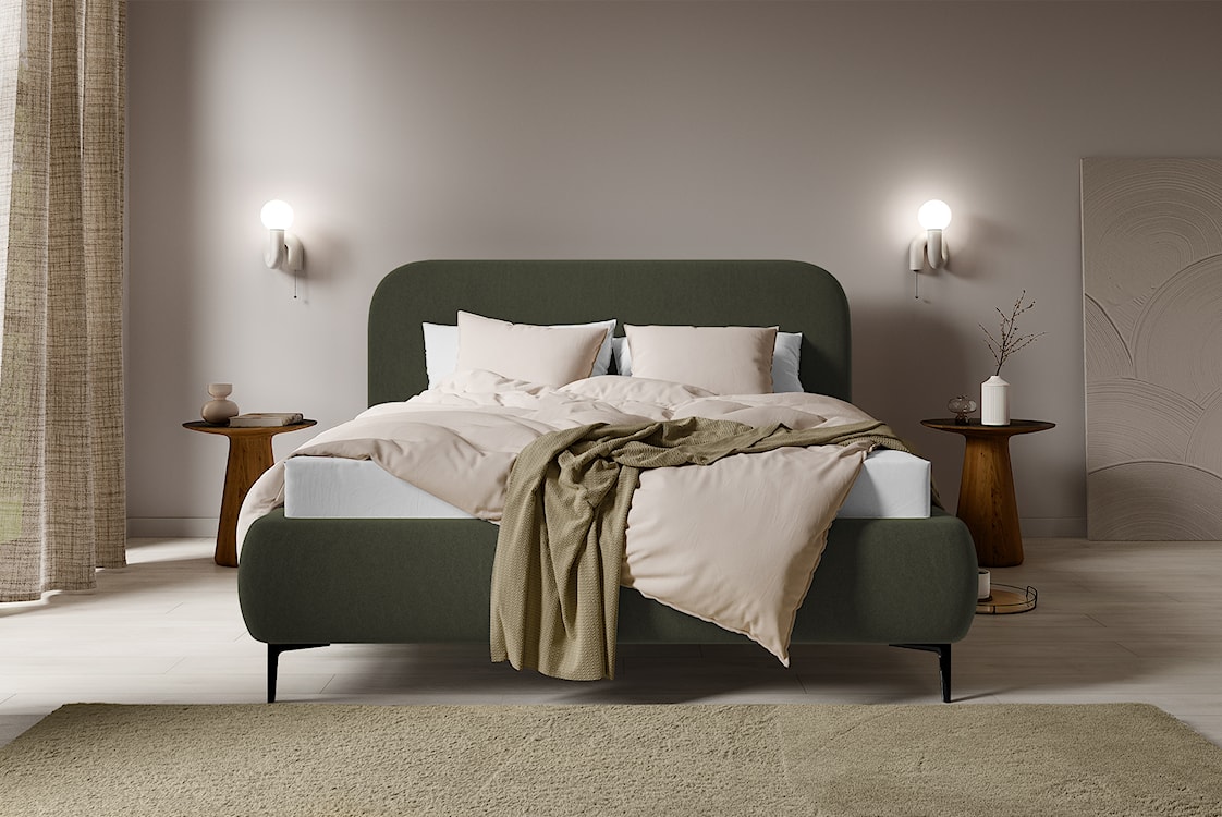 Łóżko tapicerowane 180x200 cm Monno rama metalowa oliwkowe łatwoczyszczący welur nogi czarne  - zdjęcie 3