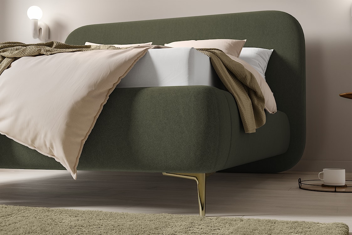 Łóżko tapicerowane 180x200 cm Monno rama metalowa oliwkowe łatwoczyszczący welur nogi złote  - zdjęcie 4