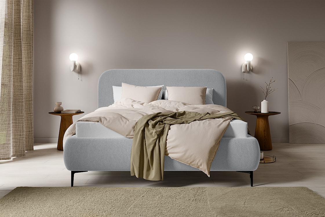 Łóżko tapicerowane 160x200 cm Monno rama metalowa szare łatwoczyszczący welur nogi czarne  - zdjęcie 3