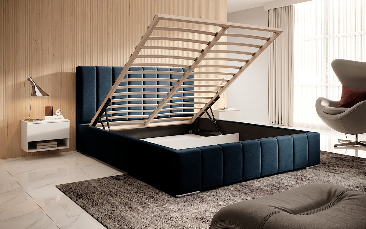 Łóżko tapicerowane 140x200 cm Wolte z pojemnikiem niebieskie welur  - zdjęcie 5