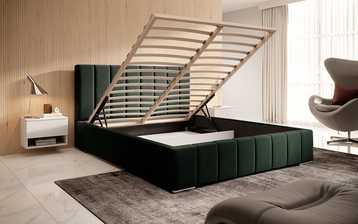Łóżko tapicerowane 140x200 cm Wolte z pojemnikiem zielone welur  - zdjęcie 5