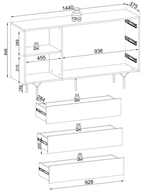 Komoda jednodrzwiowa Maraveno z trzema szufladami 144 cm Czarna   - zdjęcie 5