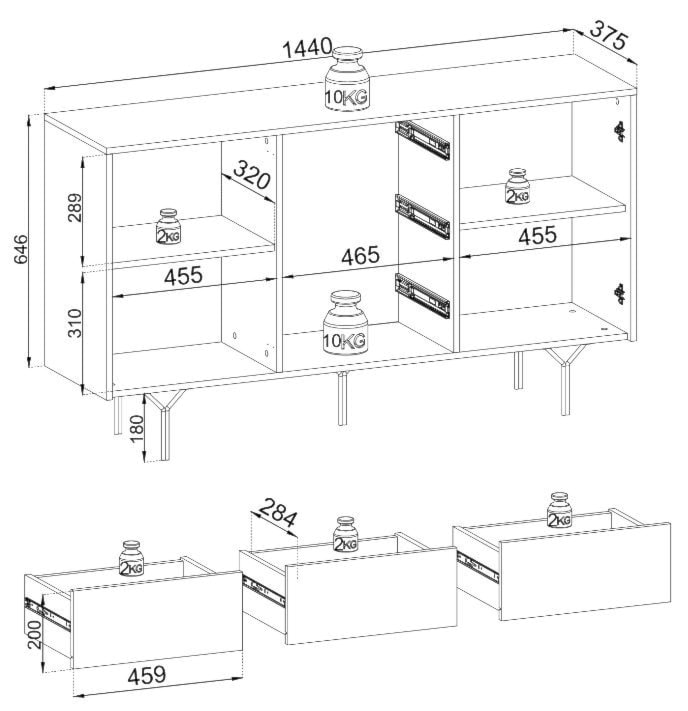 Komoda dwudrzwiowa Maraveno z trzema szufladami 144 cm Czarna   - zdjęcie 6