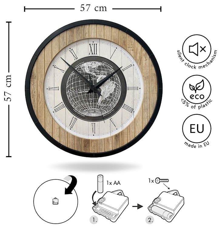 Zegar ścienny Relatise średnica 57 cm dąb/czarny/biały cyfry rzymskie  - zdjęcie 6