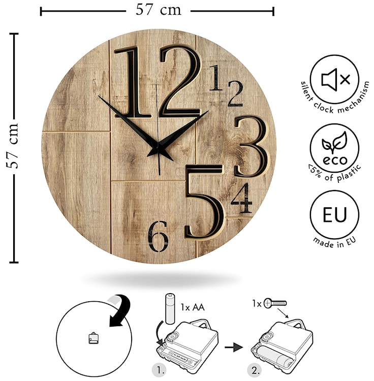 Zegar ścienny Relatise średnica 57 cm w kolorze dębu z czarnymi cyframi  - zdjęcie 6