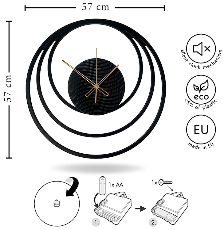 Zegar ścienny Relatise średnica 57 cm czarne okręgi  - zdjęcie 6