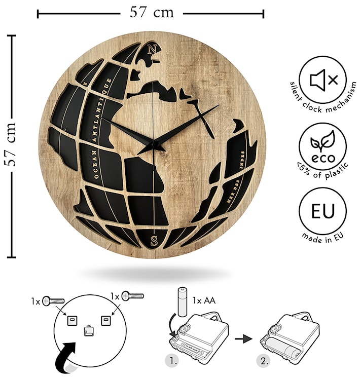 Zegar ścienny Relatise średnica 57 cm kula ziemska  - zdjęcie 6