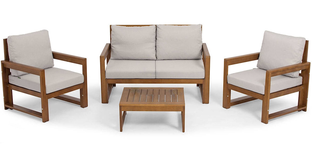 Zestaw mebli ogrodowych Ritalous z sofą, dwoma fotelami i stolikiem kawowym drewniany brązowy/jasnoszary